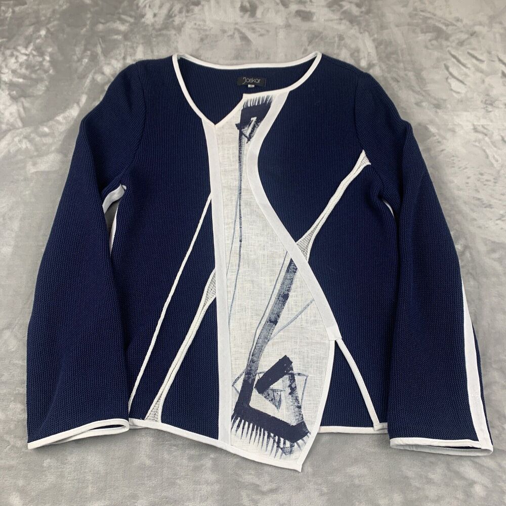 Jaskar Abstract Print Knit Jacket Women's Small Navy White Hand Painted (0441)‎